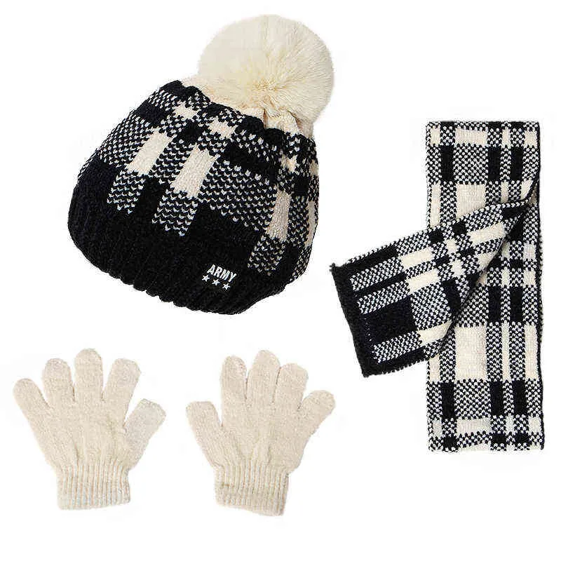 3 pièces ensemble enfants filles garçons écharpe chapeau gant costume mignon enfant en bas âge hiver chaud unisexe foulard à carreaux + pompon bonnet tricoté + gants
