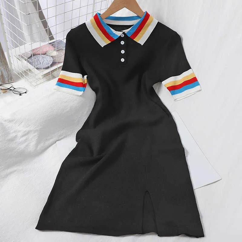 Casual Knitted Summer Women Dress Vintage Turn Down Collar Striped Short Sleeve Spilt Out Female Harujuku Dress W9233 210526