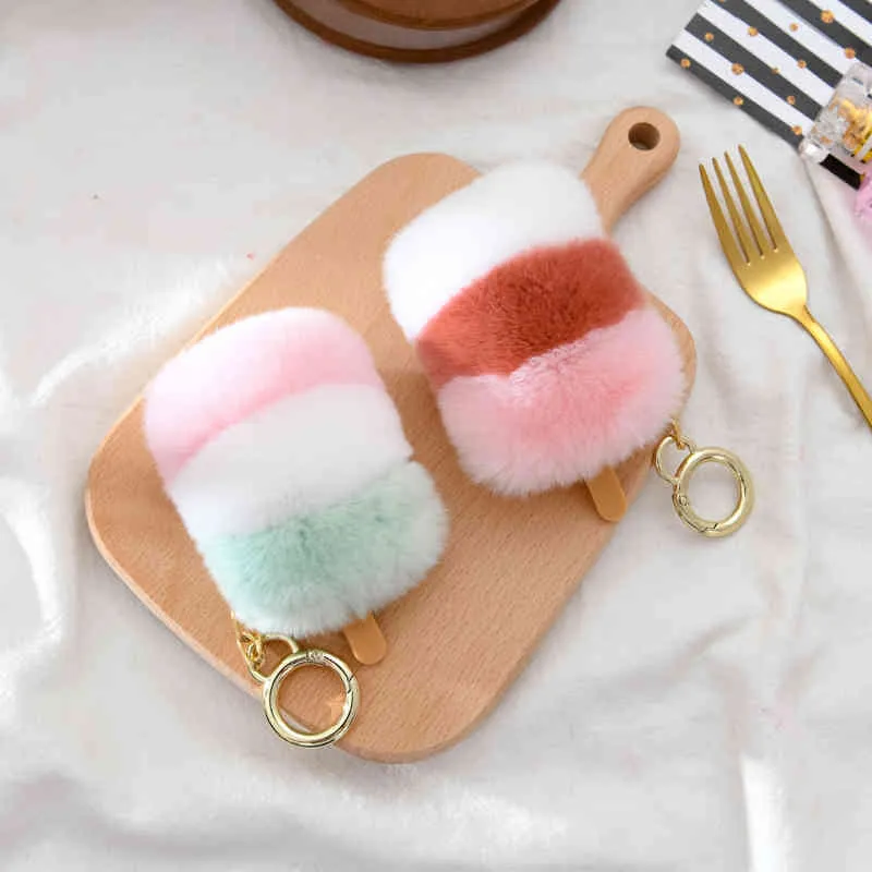 Candy Color Real Rex Kanin Keychain Ice Cream Popsicle Key Ring Pompom Creative Fur Ball Bag Pendant