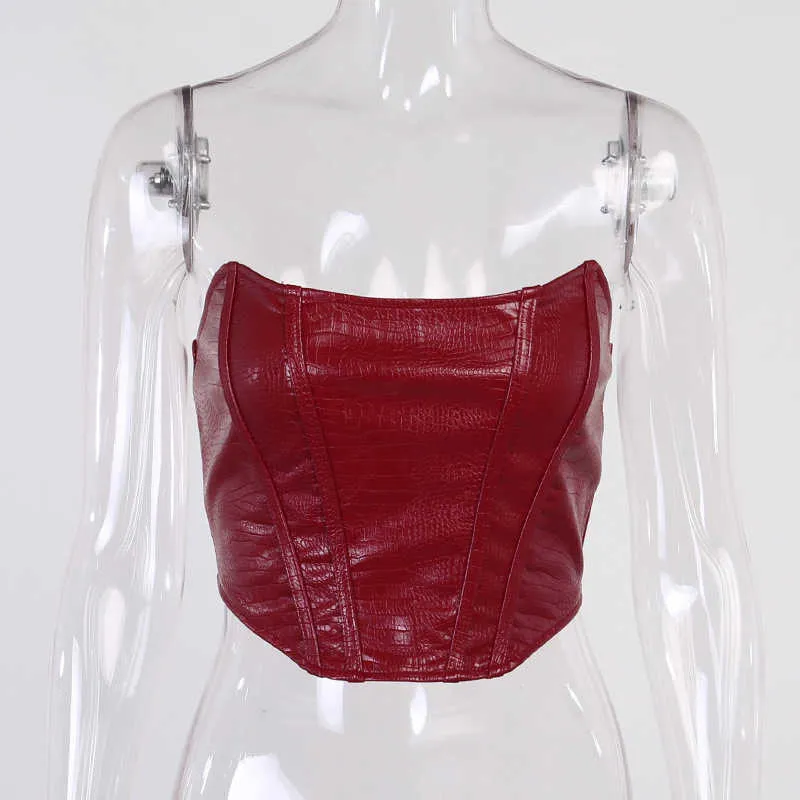 Colysmo läder corset topp strapless solid färg bustier bodycon casual crop tankar kvinnor mode sexiga party club outfits 210527