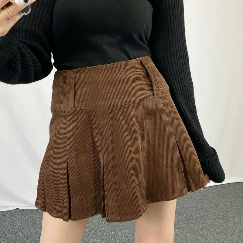 Women's Vintage Corduroy Brown Pleated Skirts 90s Aesthetic Preppy Style Girl Student High Waist Mini Skirt Cute Kawaii Clothes 210517