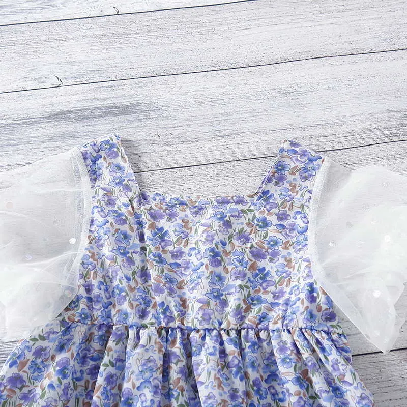 Verano Niños Niñas Vestido Rosa Púrpura Floral Malla Corta Punto Mangas Niña Vestidos Niños Ropa Casual E76 210610