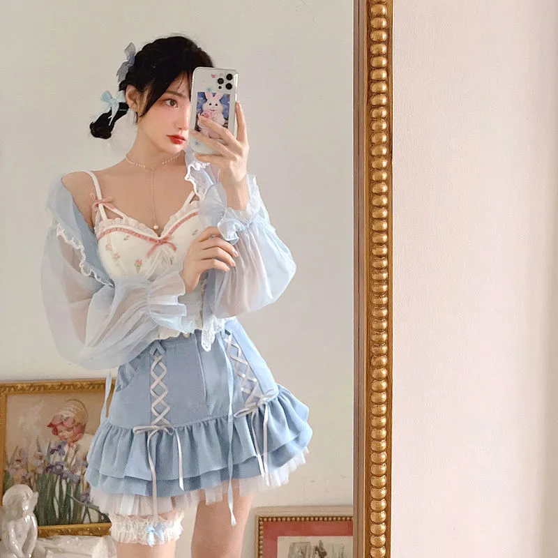 Japansk kawaii mini kjol kvinnor sommar casual designer elegant lolita sexig hög midja spets bandage y2k söt 220224