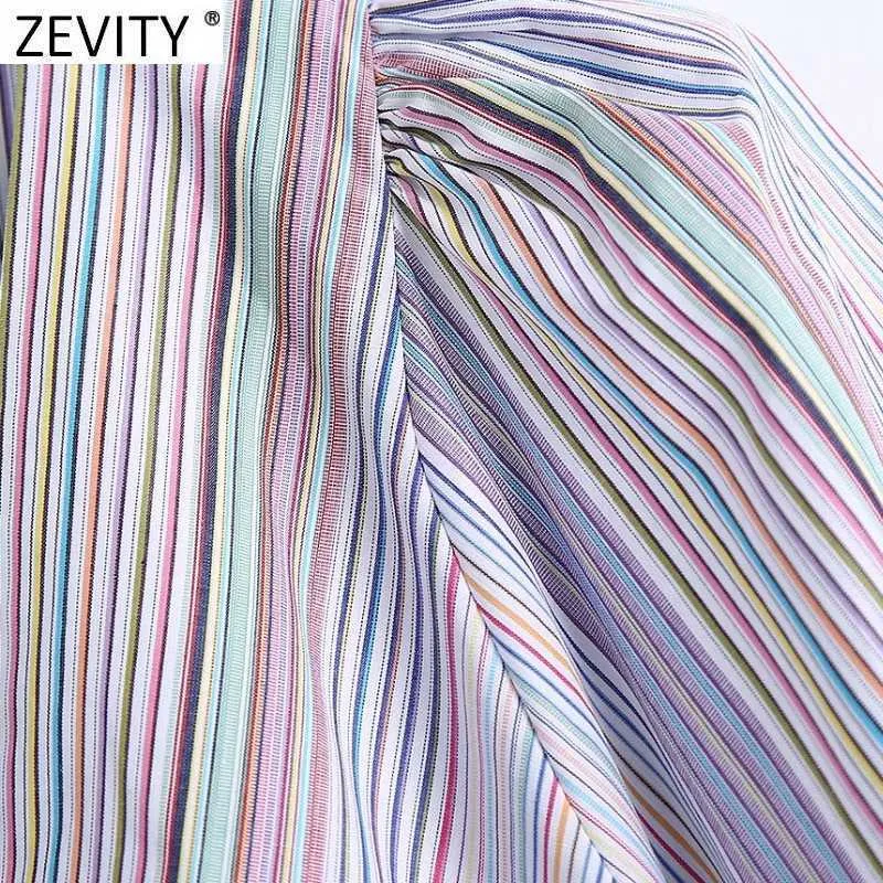 Zevity Women Vintage Cross V Neck Färgglada Striped Print Kort Slim Blus Kvinna Puff Sleeve Tröja Chic Chiffon Toppar LS9136 210603