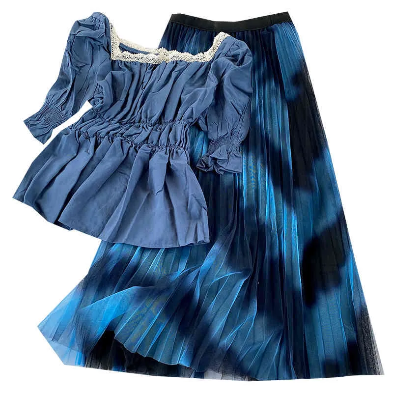 Kimutomo Zarif Tatlı Kız Takım Elbise Dantel Kare Yaka Ince Bluz + Yüksek Bel Vahşi Renk Eşleştirme Bulma Çizgili Pileli Etek 210521