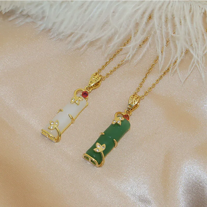 Зеленый нефритовый узел, ожерелье из титановой стали, женская мода, богатая бамбуковая цепочка на ключицу, простые ювелирные изделия в этническом стиле329F