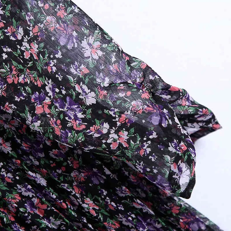 Женские летние шифоновые мини-платья с длинным рукавом цветочные принты V-образным вырезом плиссированные женские элегантные подкладки уличные платья одежда Vestidos 210513