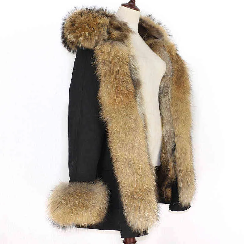 Parka impermeable chaqueta de invierno mujeres abrigo de forro de piel real grande capucha de mapache natural grueso cálido largo parkas streetwear 211220