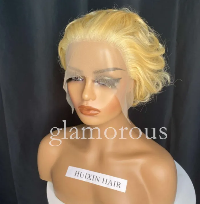 13x1 Dentelle Pixie Cut Brésilien Sans Colle Perruques de Cheveux Humains Pour Les Femmes vague de corps 613 Blonde Court Bob perruque