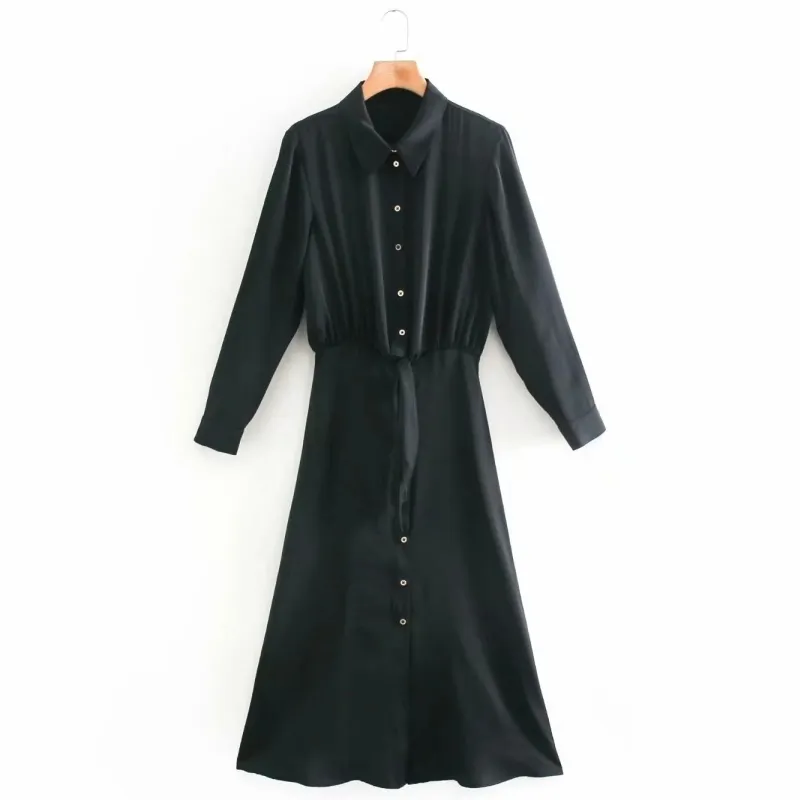 Lente vrouwen knoop decoratie zwart satijn midi shirt jurk vrouwelijke lange mouw kleding casual dame losse vestido D7155 210430
