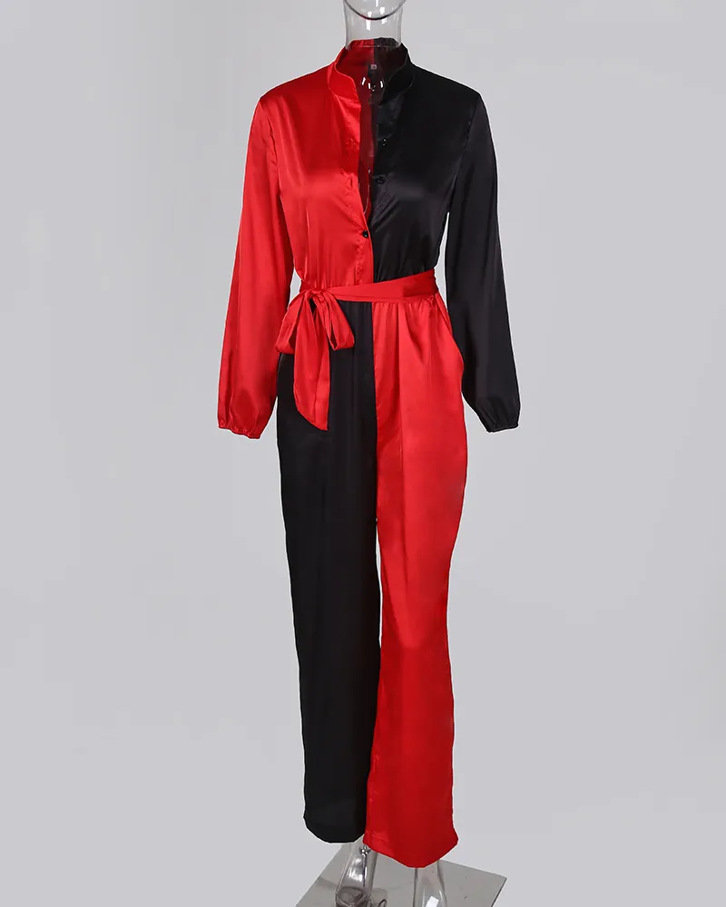Nowe modne kobiety długie rompers swobodny czerwony czarny kombinezon kolor kolorowy Knotowy kombinezon 210326