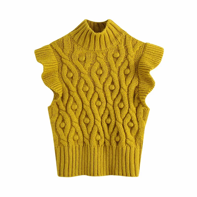Осень желтые помпомы вязаный свитер жилет женщины винтажные оборками высокие шеи пуловеры без рукавов топы без рукавов 210519