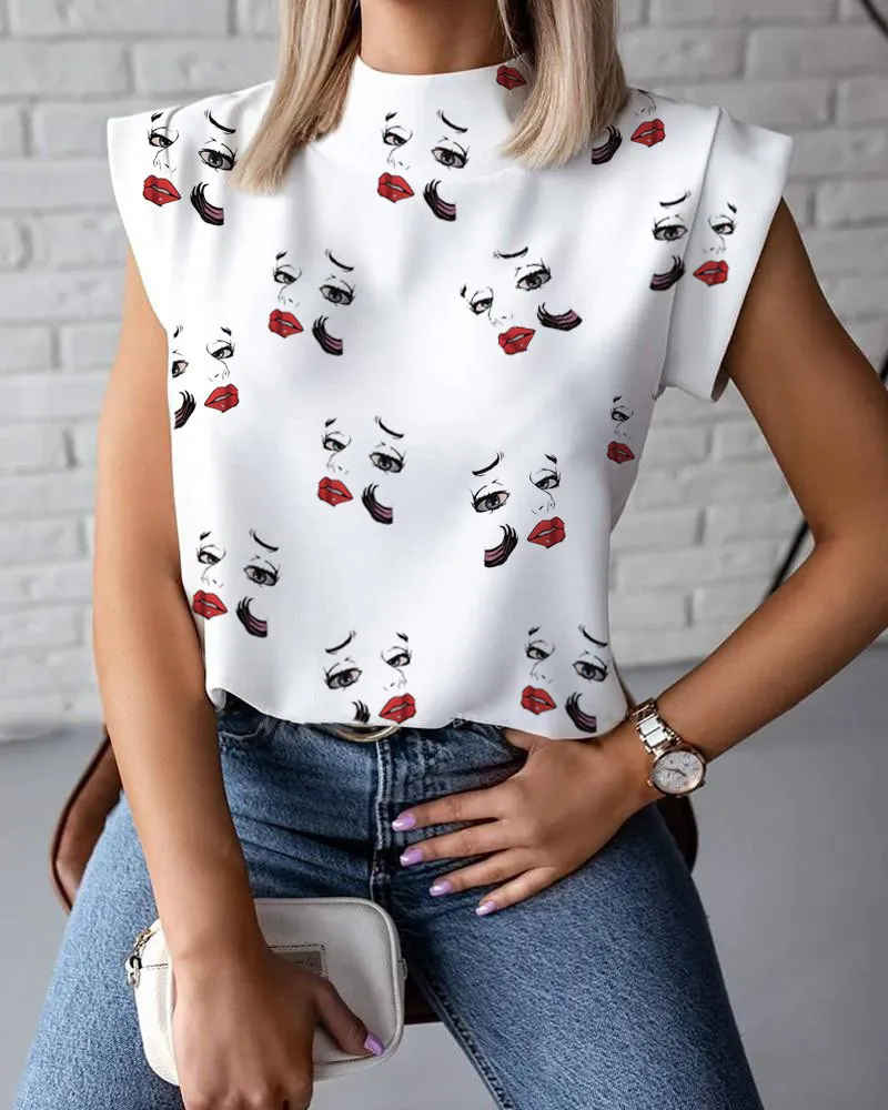 Женская футболка мода элегантные губы печатные топы летние офисные дамы повседневные стенда шеи с коротким рукавом одежда 210522