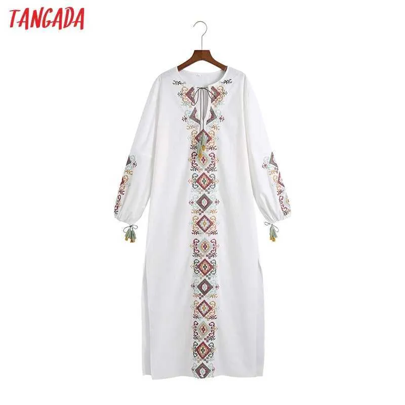 Tangada Frauen Stickerei Vintage Baumwolle Kleid Langarm Zurück Zipper Frauen Lange Kleider Vestidos 6Z91 210609