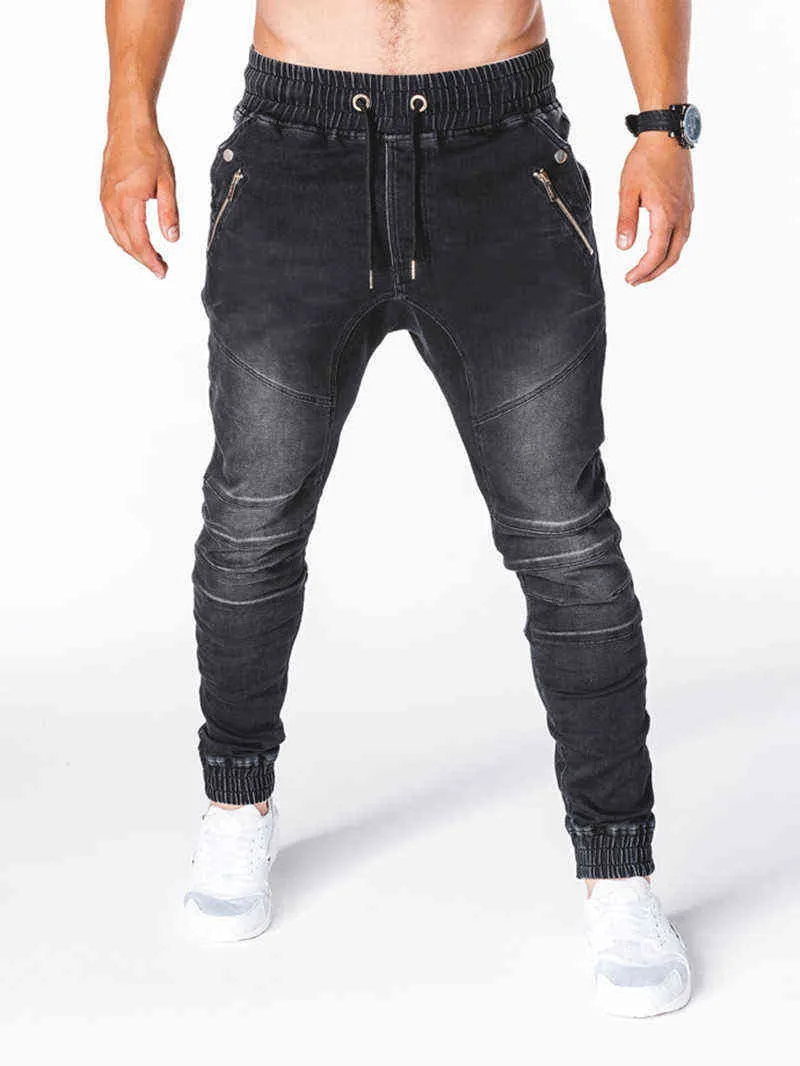 Niebieski Rocznika Człowiek Jeans Business Casual Classic Style Denim Mężczyzna Cargo Spodnie Więcej Kieszenie Frenum Kostki Banded Casual Spodnie S-3XL 211120