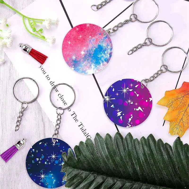 48 st Acrylic Keychain Blanketter med nyckelringar Runda Klara skivor Cirklar Färgrika Tassel Hängsmycke Hoppa Ringar för DIY Craft H1126