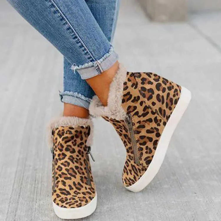 Femmes bottes mode hiver femmes augmenter chaussures taille 43 côté fermeture éclair appartements chaussons femmes léopard bottine Botas De Mujer Y1018