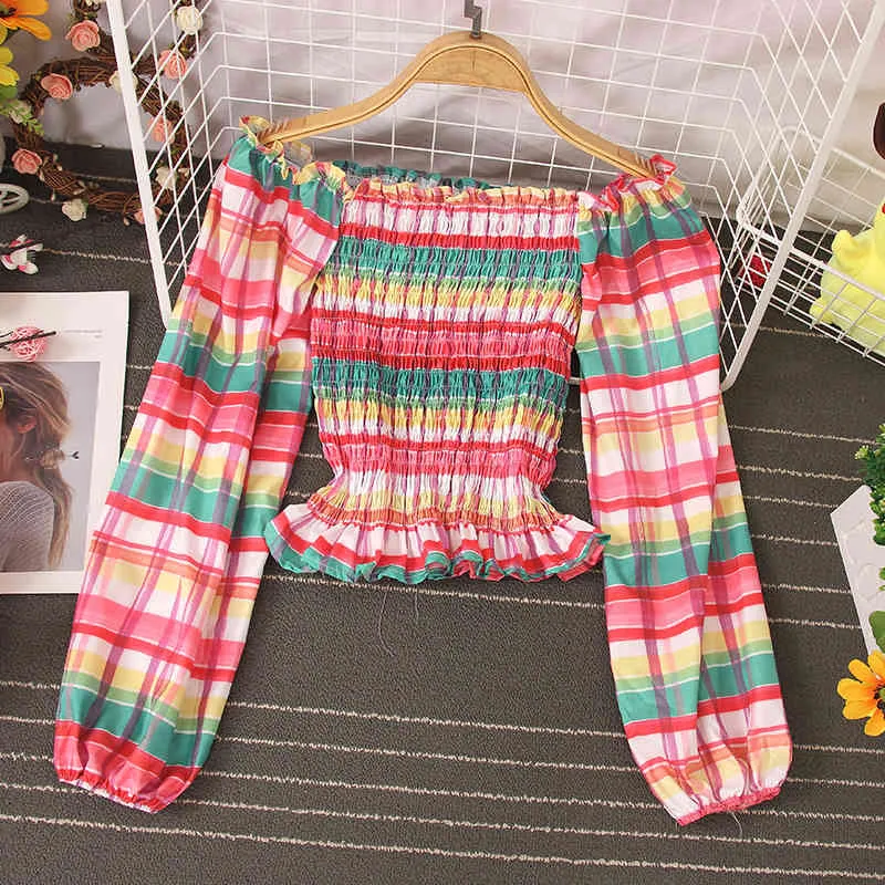 Autumn Product Plaid Print Striped Shirt All-match Sexy One-line Collar Off-shoulder Slim Puff Sleeve Top UK040 210506