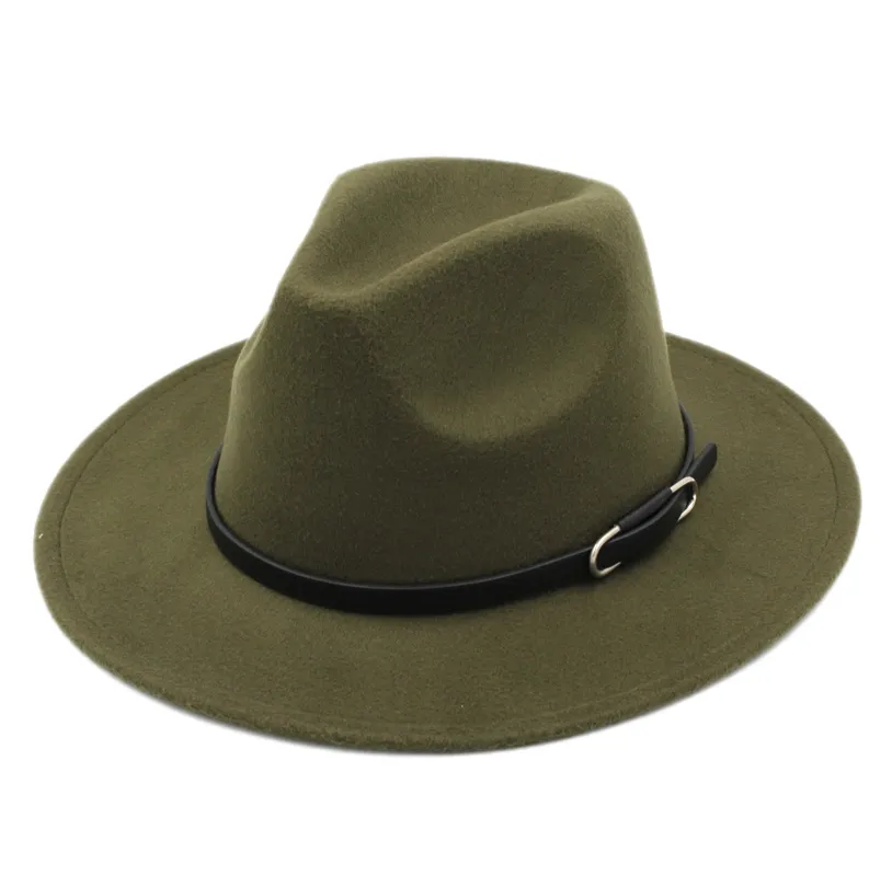 Classique unisexe Chapeu Fedora Stiff Wide Brim Panama Hat Jazz Gangster Trilby Churh Caps Ceinture en cuir marron