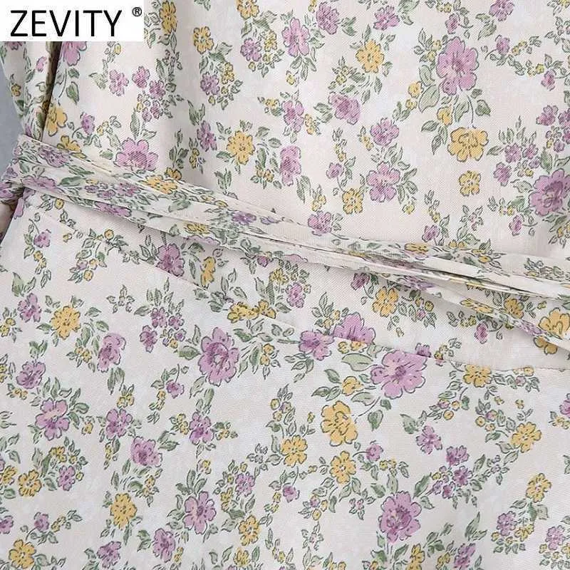 Zevity Moda Donna Scollo a V Stampa floreale Mini abito in raso morbido Chic femminile Manica a sbuffo Slim Abiti con lacci Abito da festa DS8289 210603