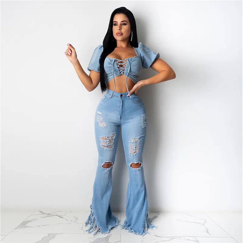 Femmes Jeans Bell Bottom Ripped Skinny Hole Classique Taille Haute Flare Denim Zipper Bouton Plus Taille 3 Couleurs Pantalon 210522