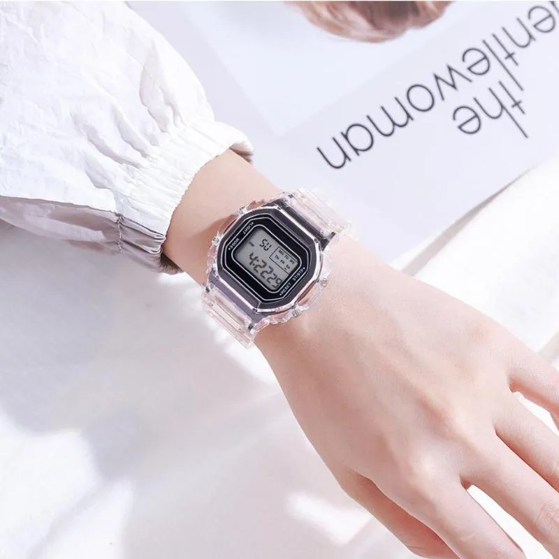 女性向けの電子時計ローズゴールドシリコンストラップ透明ドレスLEDデジタル腕時計スポーツ時計Relogio Feminino WristW237M