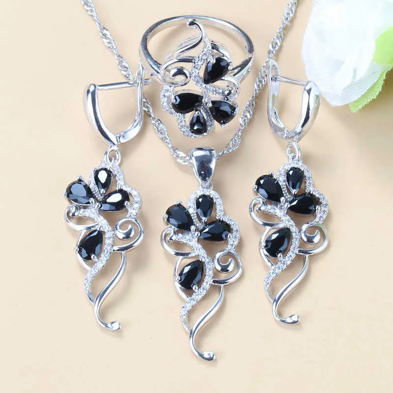 Silver-Color Women's Wear Jewelry Cubic Zirconia Ring Earrings Necklace Black Cubic Zircon Crystal 6-Colors Costume H1022
