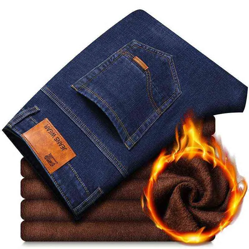 Winter Thermal Warm Flannel Stretch Jeans Mens Quality Famous Brand Fleece Pants Men Straight Flocking Trousers Jean Male 211111
