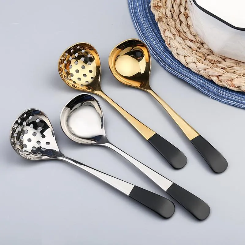 Tenedores Cuchara de sopa de oro 304 Colador de cucharón de acero inoxidable con cuchara de mango largo Accesorios de cocina 236Y