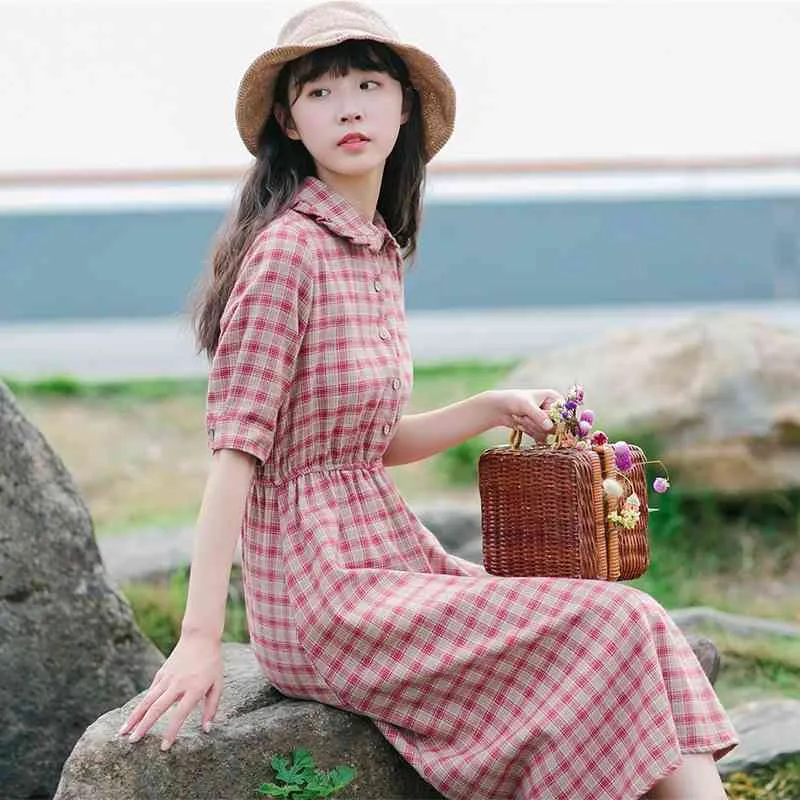 Mori Girl Summer Dress Moda Donna Manica corta Plaid Vintage es Peter Pan Collar Donna Cotone Lino Vestidos 210520