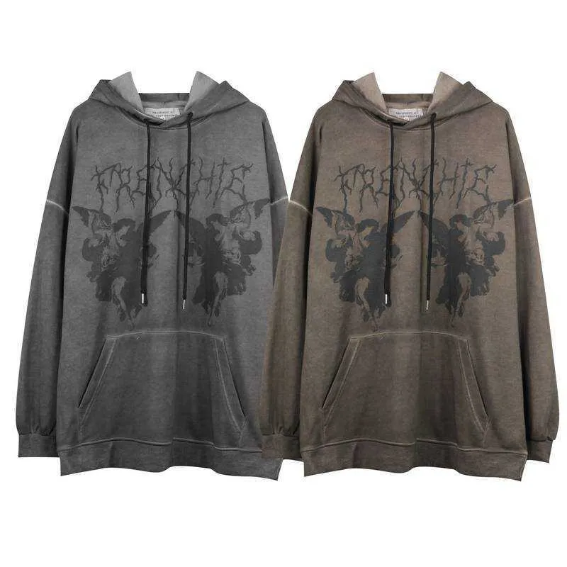 Män hiphop tröja huva ängel mörk tryck hoodie streetwear harajuku pullover bomull fleece höst 210909