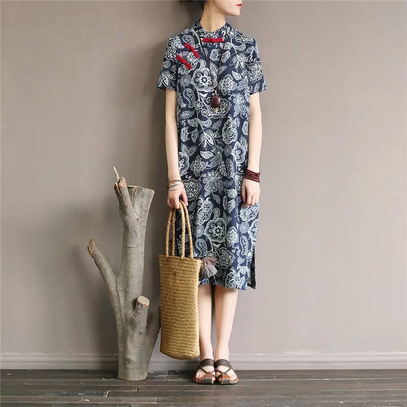 Johnature Frauen Chinesischen Stil Kleid Stehen Kurzarm Knopf Blau Und Weiß Vintage Cheongsam Sommer Hohe Qualität Kleid 210521