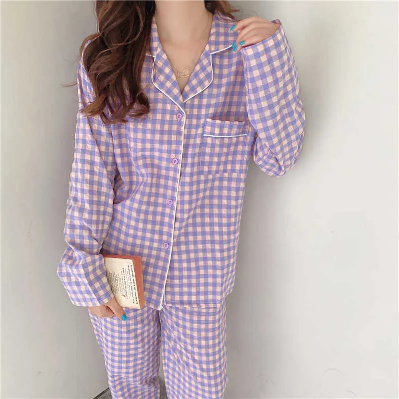 Casual plaid bomull pyjamas två styck passar mjuka snygga sovkläder kvinnor Femme hem chic lösa uppsättningar 210525