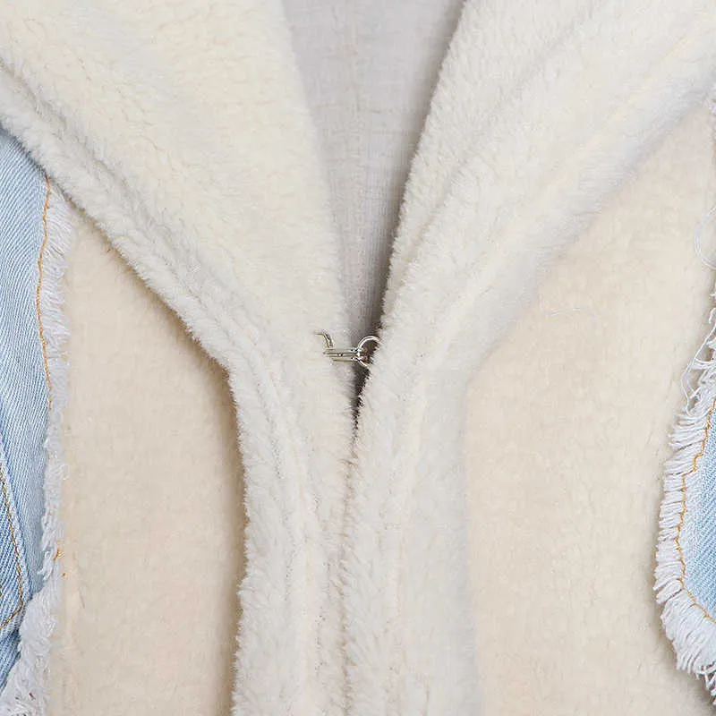 TWOTWINSTYLE Patchowrk Giacca di jeans in lana d'agnello le donne Risvolto manica lunga Nappa Cappotto casual Donna Moda invernale Marea 210928