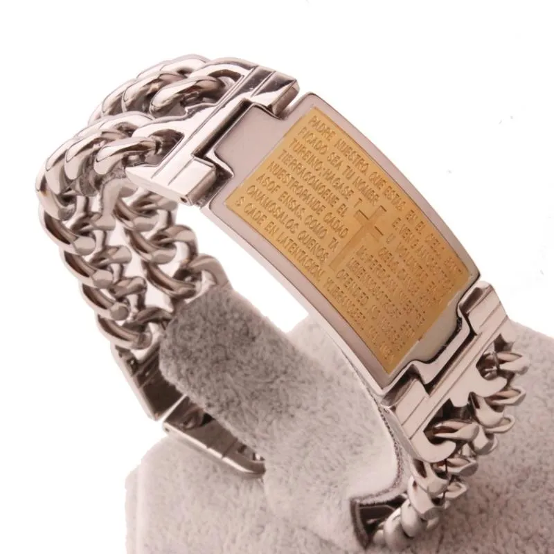 Звено-цепочка 23 мм, крест с рунами, нержавеющая сталь, золото, серебро, серебро, золото, 2 ряда, кубинский браслет, винтажный мужской браслет для мальчиков, Wristban248w