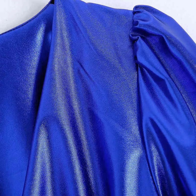 Casual vrouw blauw glanzende elasty sjerpen mini jurk lente mode dames slanke v nek es vrouwelijke chique partij 210515