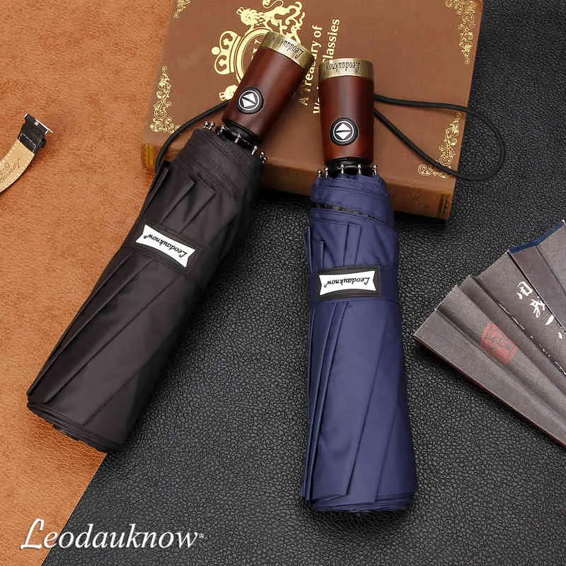 Leodauknow Business Fully Automatic Three Folding Windproof Solid Wood Handle With Metal Men s Sunny And Rainy Umbrella 210320