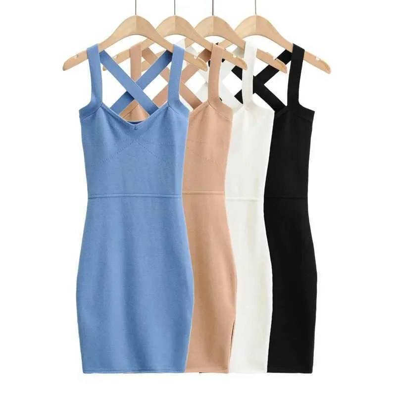 Slim Spaghetti Strap Square Collar Bottom Knitting Side Split Sheath Summer Dresses for Women 210615