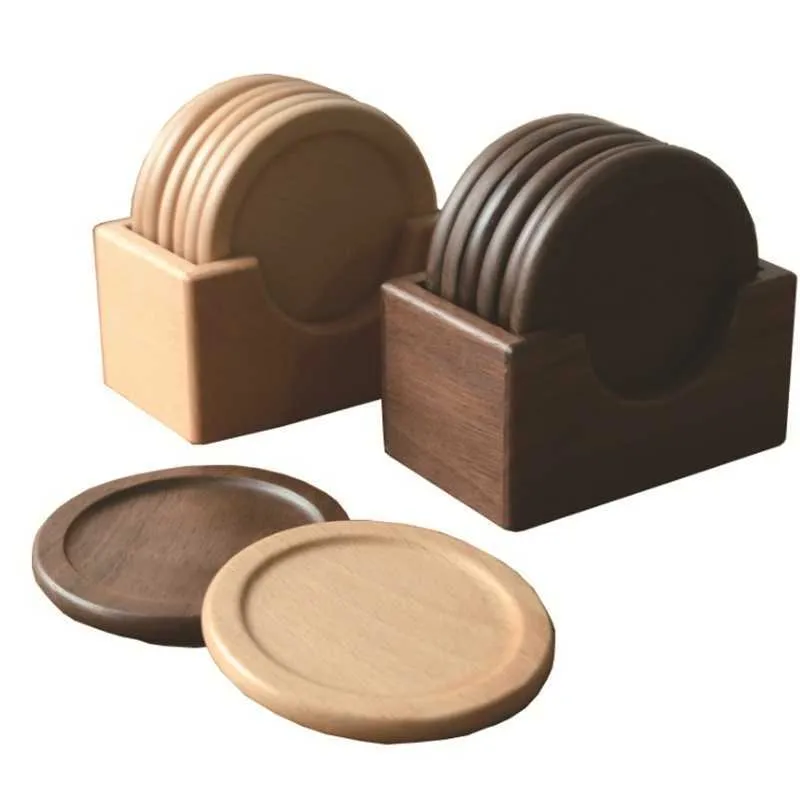 Wooden cup mat set with holder Solid wood round placemat insulation pad