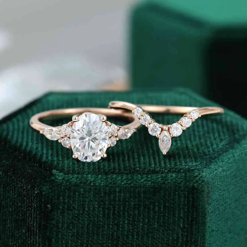 CxsJeremy 14K Rose Gold Bridal Set 15ct Oval Cut 68mm Moissanite Engagement Ring Wedding Band Women Antique Rings6363232