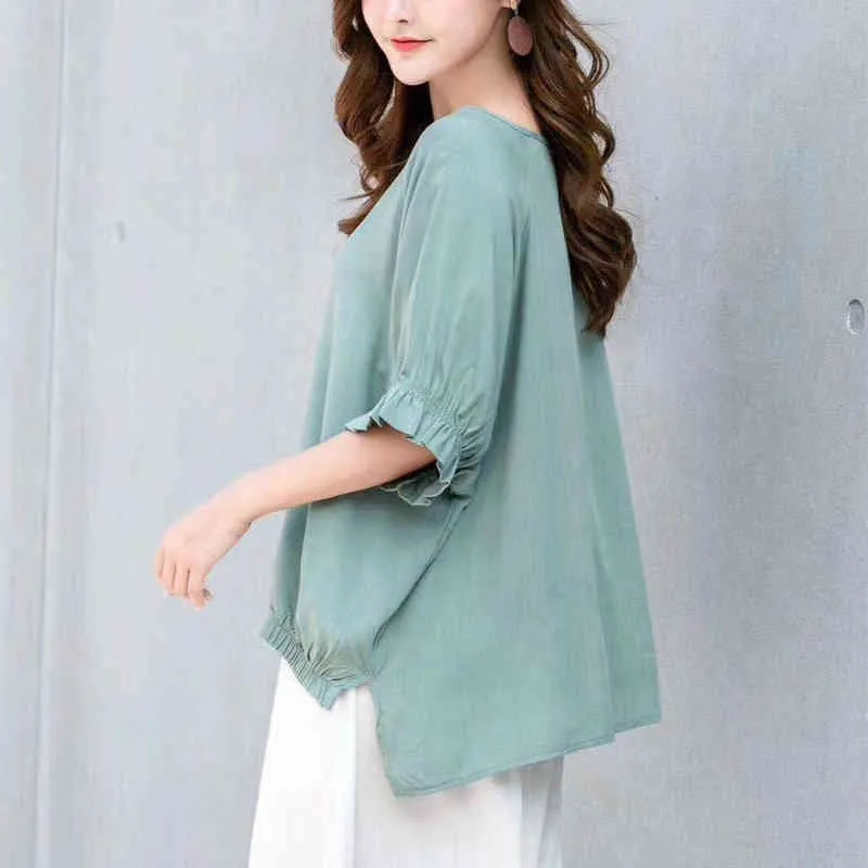 Fashion Ruffled Sleeve Tops Women Fat Solid Linen Wide Leg Pants Summer Large Size Loose Round Neck Mom Shirt 9967 210508