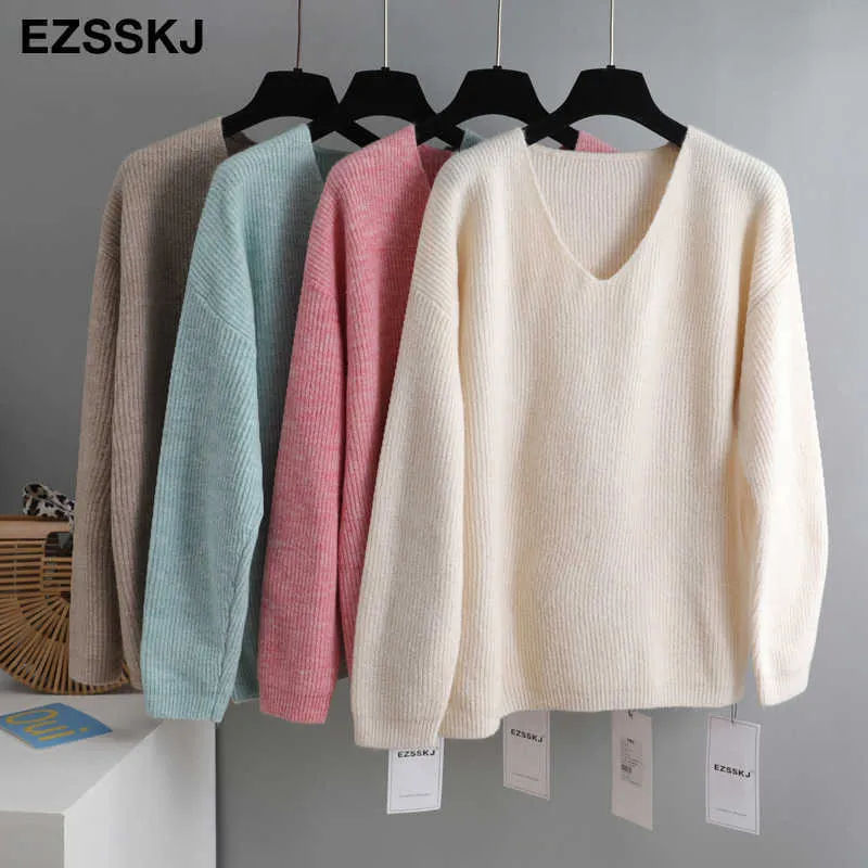 Podstawowy gruby luźny sweter w stylu V-Neck Oversize Sweter Kobiety jesienne zima swobodny sweter z długim rękawem dla kobiet Chic Scakers Top 210917