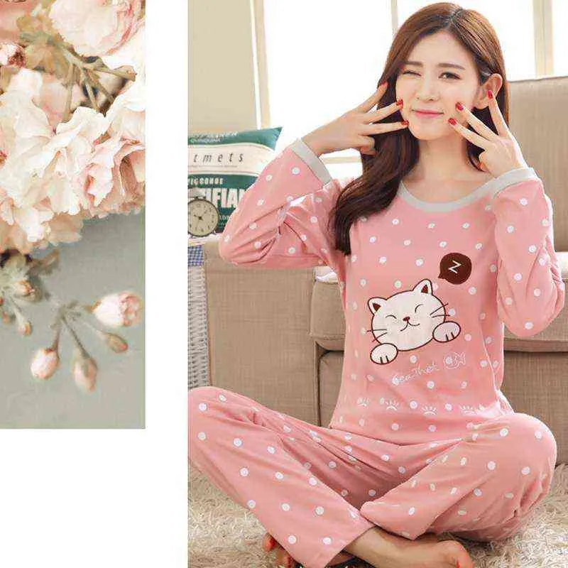 Femmes Nightwear Sexy Cartoon Imprimer Pyjama à manches longues Set Plus Taille Home Vêtements Top + Longpant 211105