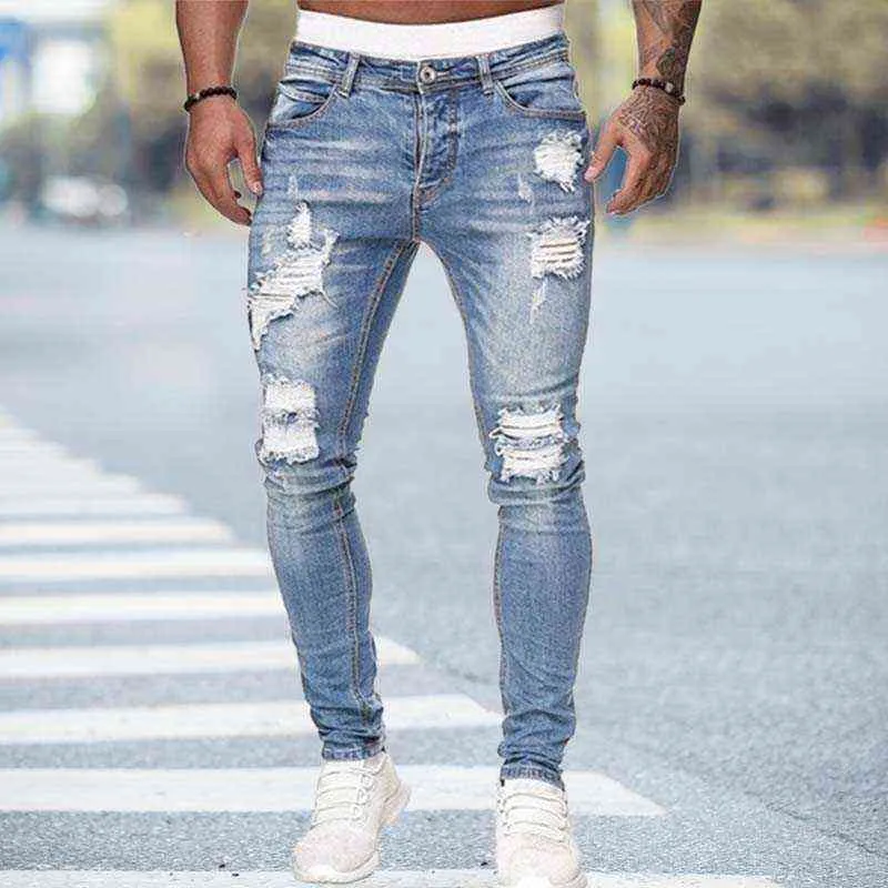 Czarne chude dżinsy mężczyźni rozryte dżinsy mężczyzna 2021 Nowy przypadkowy dziura letnia ulica Hip Hop Slim Denim Pants Man Fashion Jogger Spodery H268C