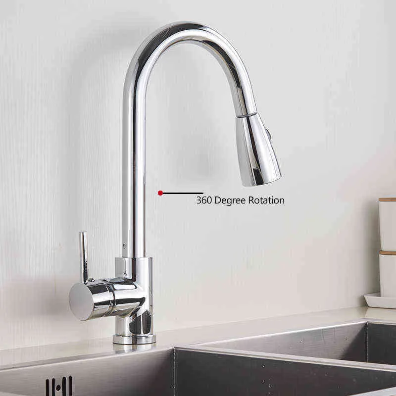 Chrome / Níquel / Preto / Ouro Puxar Faucet de Cozinha 2-Mode Pulverizador 360 Rotação Único Misturador Mixer Torneira Sink Crane 211108