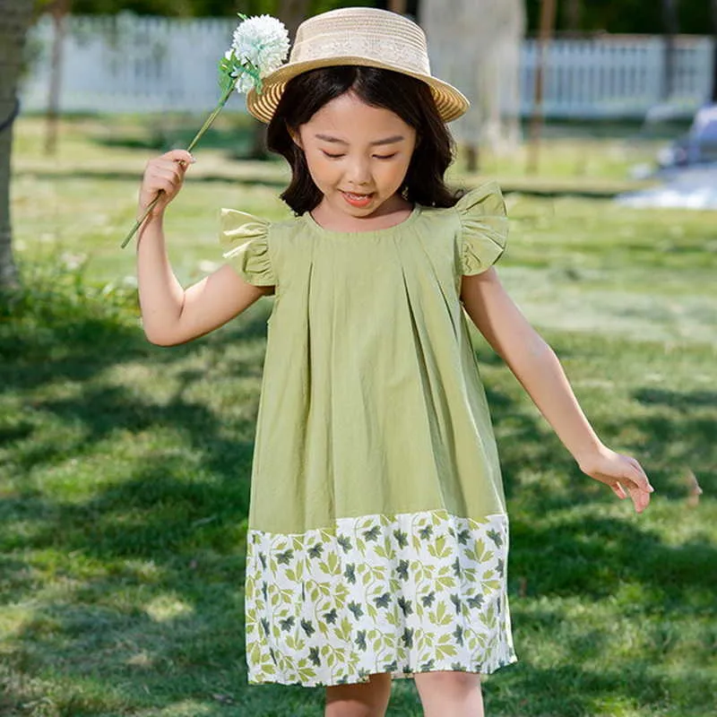 Корейский стиль летние подростки девочка платья зеленые цветочные оборки рукава принцесса сестра соответствующие платье детская одежда E459 210610