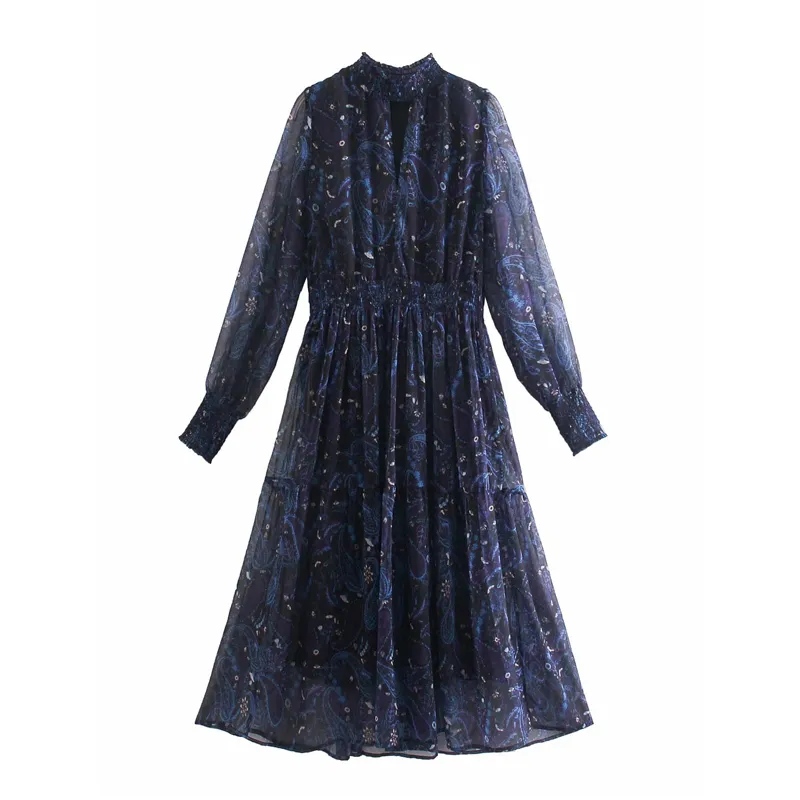 Chiffon Boheemse print Midi jurk vrouwen lente vintage geplooide vrouw lange mouw elastische taille vakantie vestidos 210430