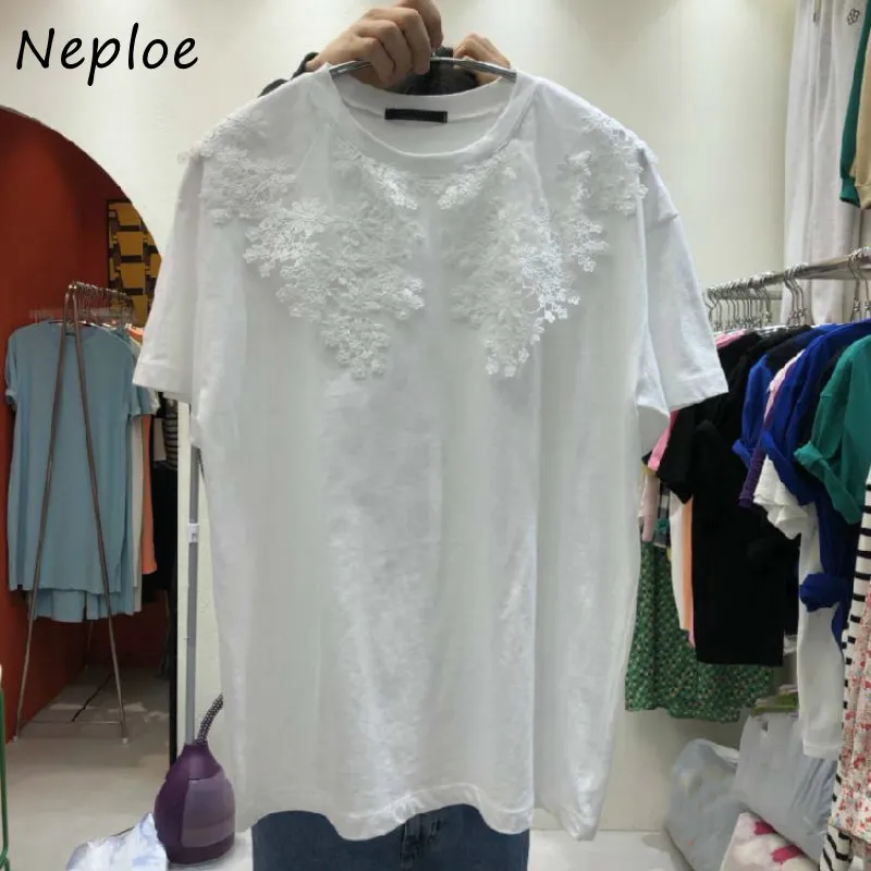 O Neck Pullover Kortärmad T-shirt Kvinnor Elegant Lace Hook Blomma Solid Tees Summer Causal Loose Ladies Top 210422