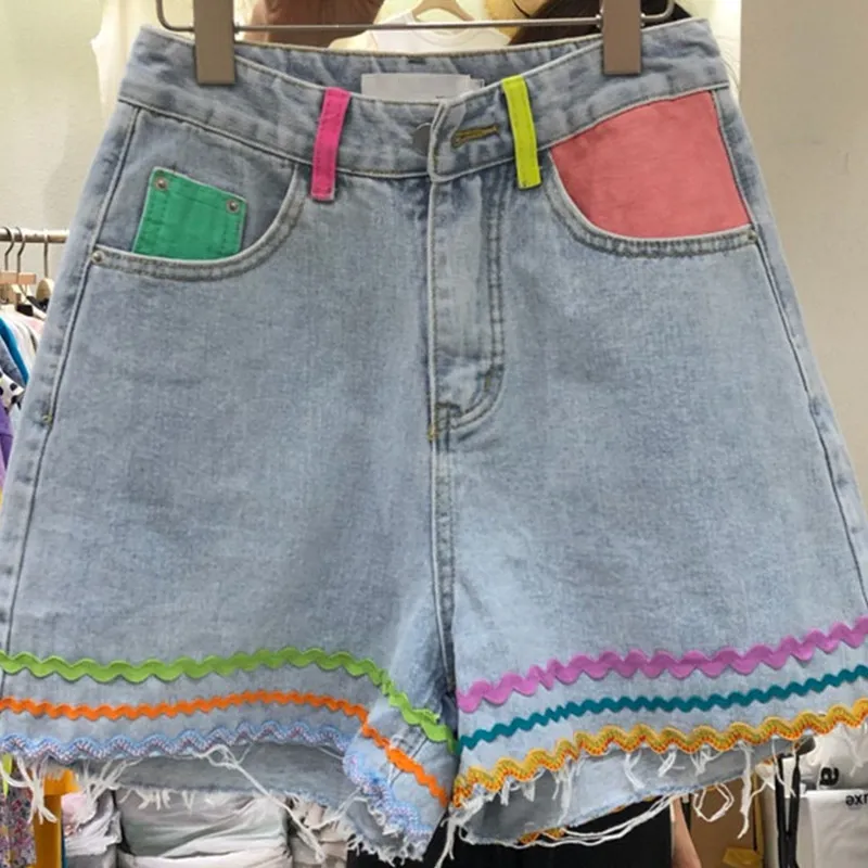 [EWQ] New Causal Demin Short Feminimos Blue Korean High Waisted Jeans Shorts Contrast Color Tassel Wide Leg Bottoms 16W767 210423