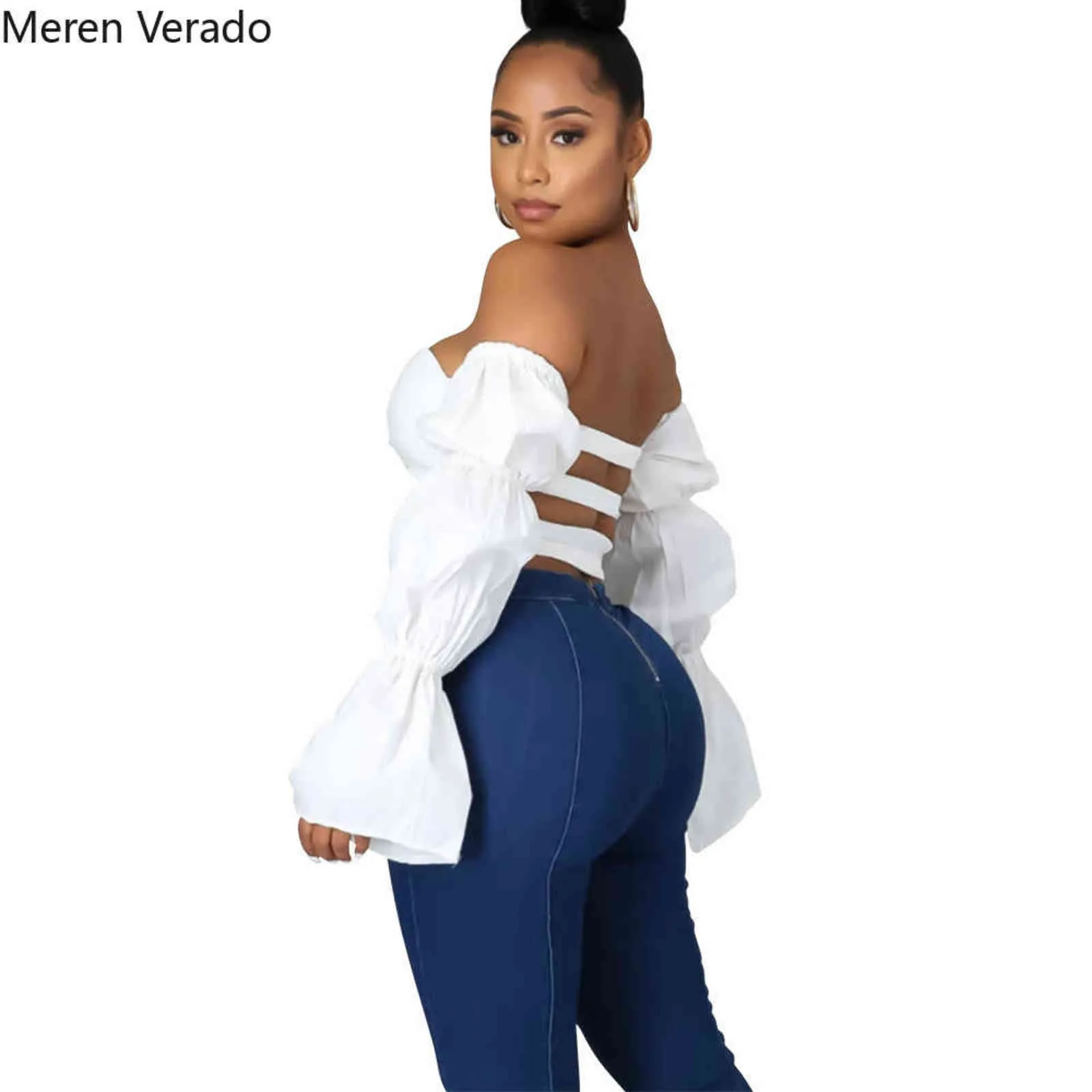 Meren Verado Spring Summer Fashion Street Young Style Tops Women Strapless Backless Sexy Bow Shape Tees 211116